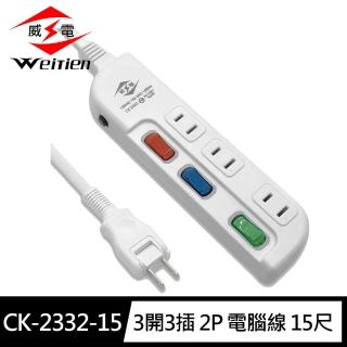 【威電】CK-2332-15 2孔3開3座 加大間距 延長線 15尺/4.5M(180度任轉插頭 過載斷電)
