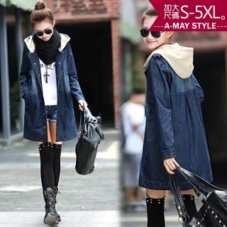 【艾美時尚】現貨 中大尺碼女裝 外套 韓版連帽中長牛仔外套。S-5XL(牛仔藍)