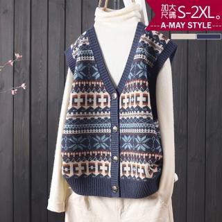 【艾美時尚】中大尺碼女裝 針織背心 民族風復古印花排釦背心。S-2XL(2色.預購)