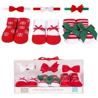 【Luvable Friends 甜蜜寶貝】3入嬰幼兒髮飾+3入嬰兒襪/寶寶襪/初生襪禮盒組 雪花精靈(LF56807)