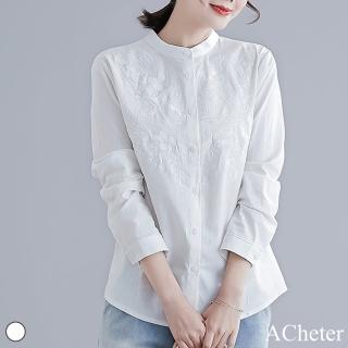 【ACheter】原創文藝重工刺繡立領棉麻襯衫#110960現貨+預購(白色)