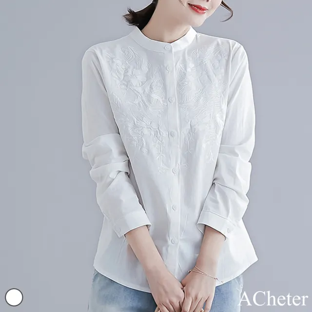 【ACheter】原創文藝重工刺繡立領棉麻襯衫#110960現貨+預購(白色)