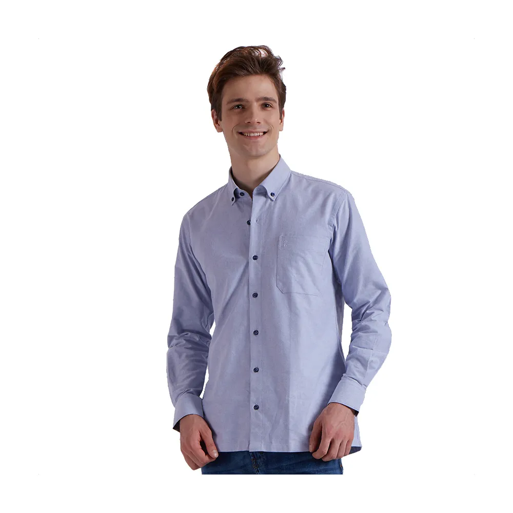 【ROBERTA 諾貝達】男裝 冬季限定 保暖織物 時髦雅緻素面長袖厚襯衫(藍)