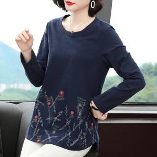 【Paiya 派亞】寬鬆刺繡上衣長袖T恤打底衫(M-4XL大碼遮肚媽媽裝)