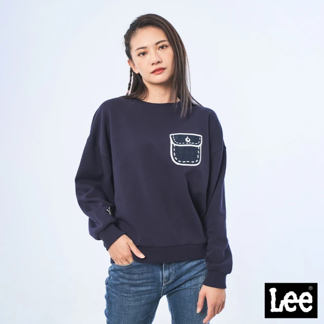 【Lee 官方旗艦】女裝 長袖厚T / 手繪口袋 星夜藍 季節性版型 / 101+ 系列(LL210357ANJ)