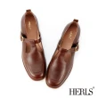 【HERLS】低跟鞋-復古全真皮T字瑪莉珍低跟鞋(深棕色)
