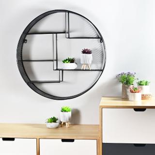 【YU Living 信歐傢居】北歐工業風鐵藝圓形掛牆架 置物架(圓形/60cm/鐵黑色)