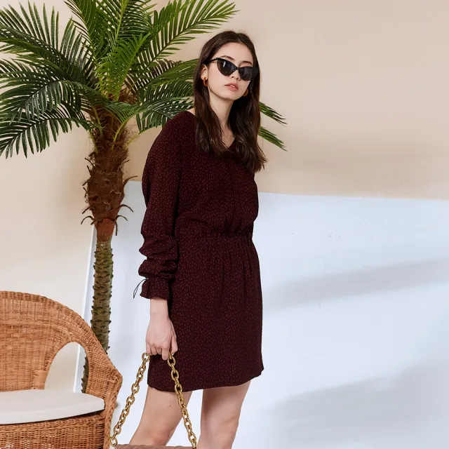 【ICHE 衣哲】Cop.Copine 法國原裝進口印花抽繩長袖造型洋裝