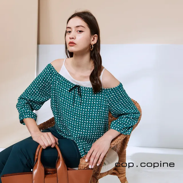 【ICHE 衣哲】Cop.Copine 法國原裝進口假兩件波點印花造型上衣-潮水藍綠