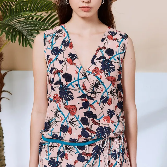 【ICHE 衣哲】Cop.Copine 法國原裝進口V領印花連身褲裙洋裝