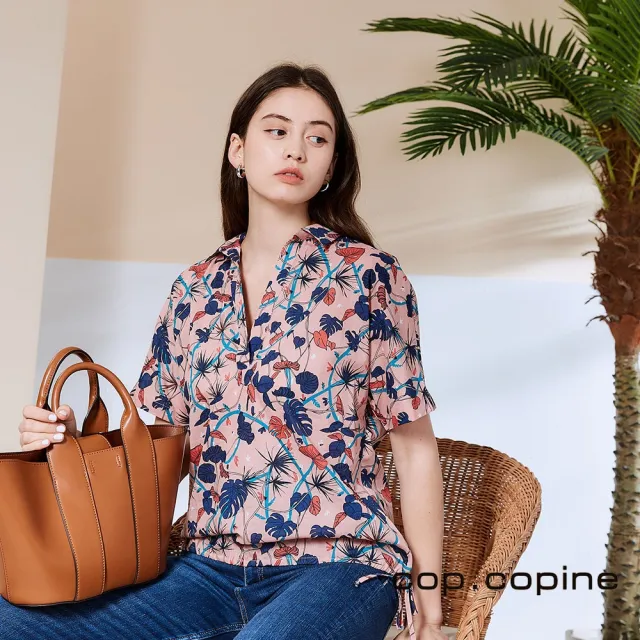 【ICHE 衣哲】Cop.Copine 法國原裝進口露肩印花露背襯衫造型上衣-花簇粉