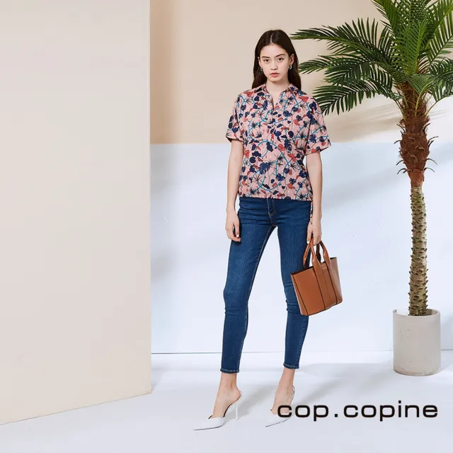 【ICHE 衣哲】Cop.Copine 法國原裝進口露肩印花露背襯衫造型上衣-花簇粉
