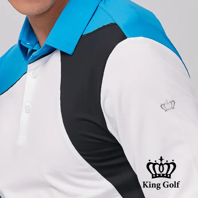 【KING GOLF】速達-男款袖口LOGO印圖拼接撞色薄款長袖POLO衫/高爾夫球衫(藍色)