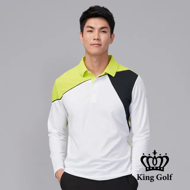 【KING GOLF】速達-男款袖口LOGO印圖拼接撞色薄款長袖POLO衫/高爾夫球衫(綠色)