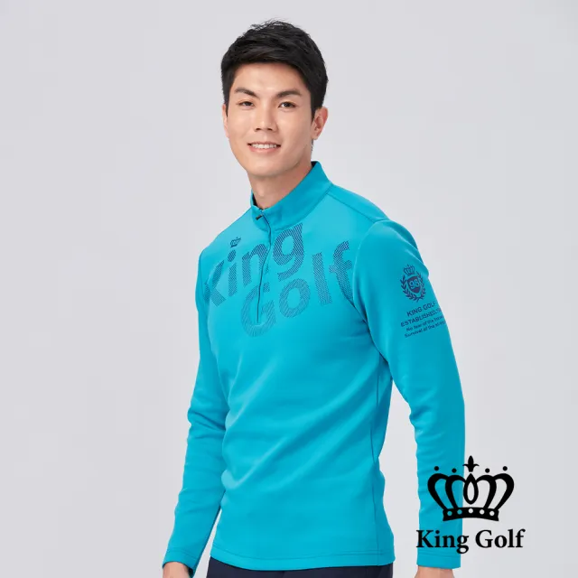 【KING GOLF】速達-男款大LOGO印圖小立領拉鍊厚款長袖POLO衫/高爾夫球衫(綠色)