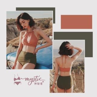 【mystic 神秘者】女泳裝 兩件式 中大尺碼 骨感削肩泳衣 高腰顯瘦遮肚三角泳褲(焦糖色 M/L/XL)
