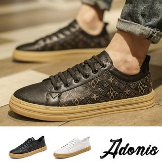 【Adonis】真皮板鞋 牛皮板鞋/真皮頭層牛皮復古數字印花造型休閒板鞋-男鞋(2色任選)