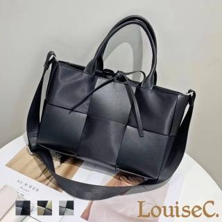 【LouiseC.】Tree House 牛津防水尼龍+牛皮時尚寬版編織手提斜背TOTE包-3色-可拆式內袋設計(YS1