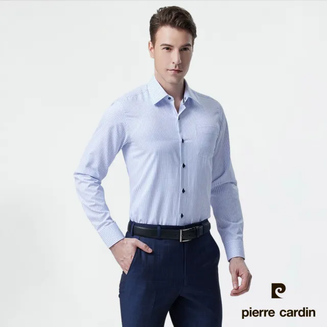 【pierre cardin 皮爾卡登】男襯衫 合身版棉混紡抗皺舒適條紋長袖襯衫_白底藍條(62860-30)