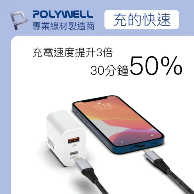 【POLYWELL】20W雙孔快充組 Type-A/C充電器+Type-C 3A快充高速傳輸線 BRAID版 3M(適用於安卓快充設備)