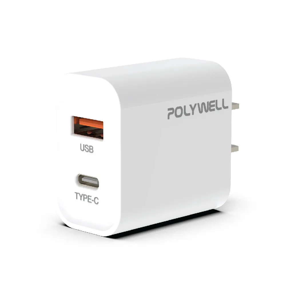 【POLYWELL】20W雙孔快充組 Type-A/C充電器+Type-C 3A快充高速傳輸線 BRAID版 2M(適用於安卓快充設備)