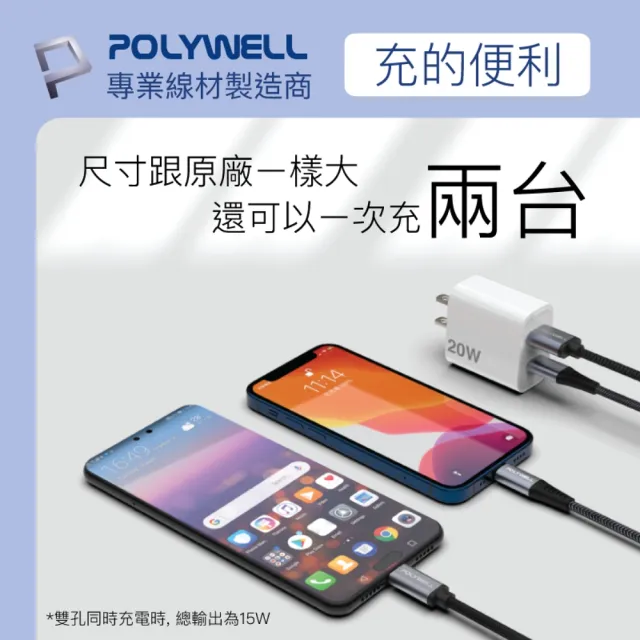 【POLYWELL】20W雙孔快充組 Type-A/C充電器+Type-C 3A快充高速傳輸線 BRAID版 2M(適用於安卓快充設備)