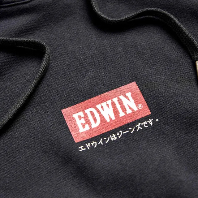 【EDWIN】女裝 BOX LOGO長袖連帽T恤(黑色)