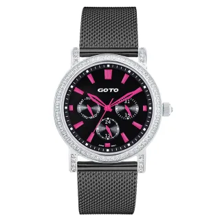 【GOTO】Shiny 時尚米蘭手錶(黑x桃紅刻度x黑帶)