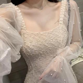【BBHONEY】名媛風 氣質 中長款 網紗珍珠拼接小禮服 長袖洋裝(網美必備款)