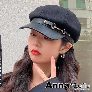 【AnnaSofia】貝蕾帽報童帽鴨舌帽-革簷T連釦皮革帶 現貨(黑頂系)