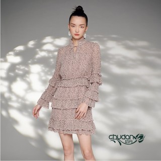 【Chudan 初丹】豹紋雪紡荷葉邊洋裝兩件式