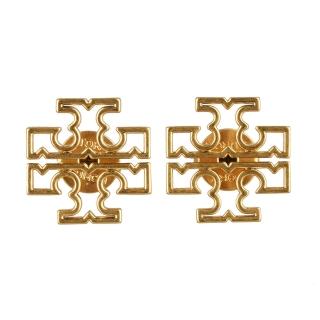 【TORY BURCH】TORY BURCH BRITTEN金字LOGO經典雙T設計針釦耳環(金)