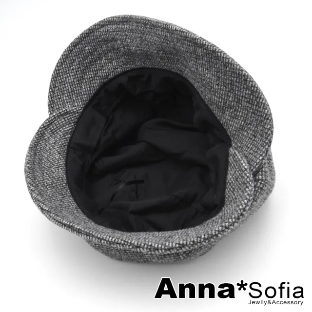 【AnnaSofia】保暖漁夫帽小臉帽貝蕾帽-雙帽簷交拼毛料小千鳥格(黑灰系)