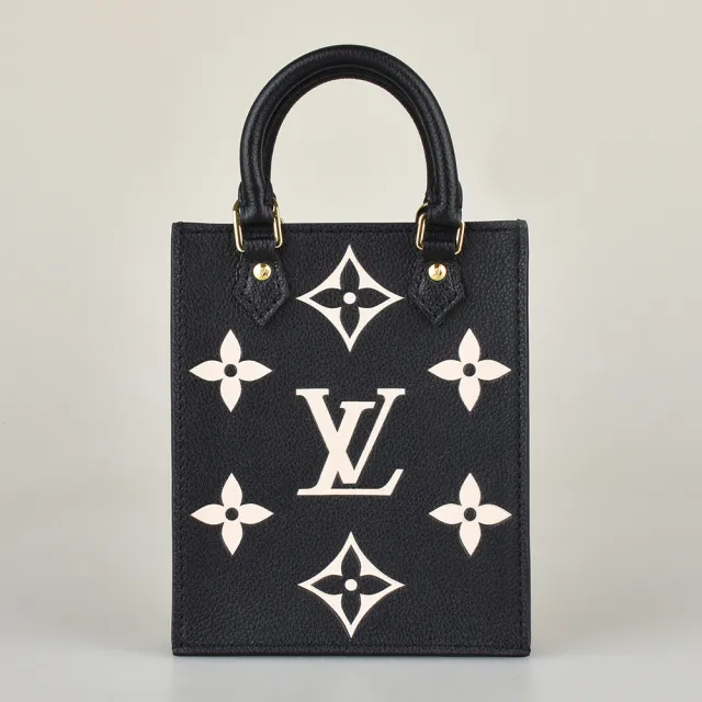 【Louis Vuitton 路易威登】LV PETIT SAC PLAT印花LOGO雙色荔枝紋牛皮手提斜背托特包(迷你/黑x米)