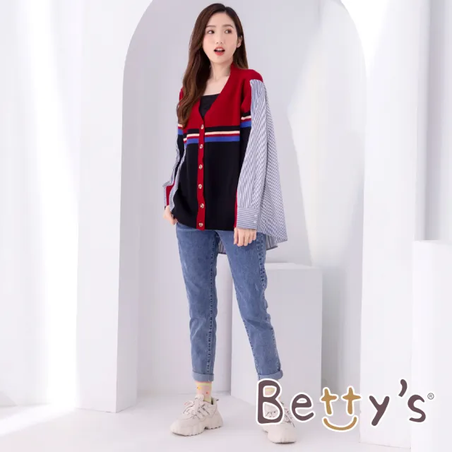 【betty’s 貝蒂思】開扣條紋後拼接針織罩衫(紅色)