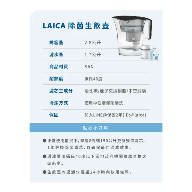 【LAICA 萊卡】GermSTOP國際版極淨除菌生飲濾水壺2.8L(1壺4芯 2色可選)