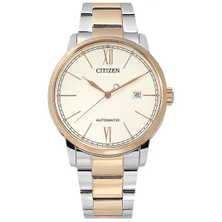 【CITIZEN 星辰】限定款 簡約時尚 機械錶 自動上鍊 日期 不鏽鋼手錶 米白x鍍玫瑰金 42mm(NJ0136-81A)