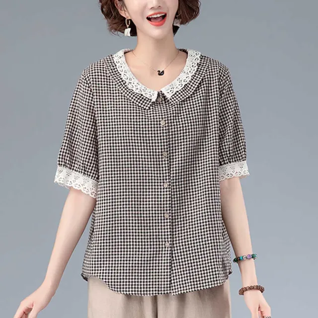 【ACheter】日本小清新蕾絲拼接格紋寬鬆襯衫上衣#108782現貨+預購(3色)