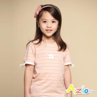 【Azio Kids 美國派】女童 上衣 小白花印花袖口綁帶蝴蝶結條紋短袖上衣T恤(粉)