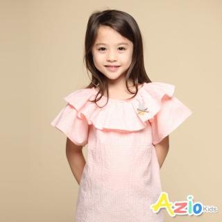 【Azio Kids 美國派】女童 上衣 領口波浪造型兔子蝴蝶結別針細格紋短袖上衣(粉)