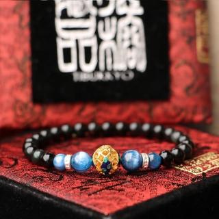 【TIBUKKYO 德榕藏品】原礦無染色黑曜石手珠6mm 藍晶石隔珠(天然黑曜石佛珠特殊色 念珠 虎眼石隔珠)