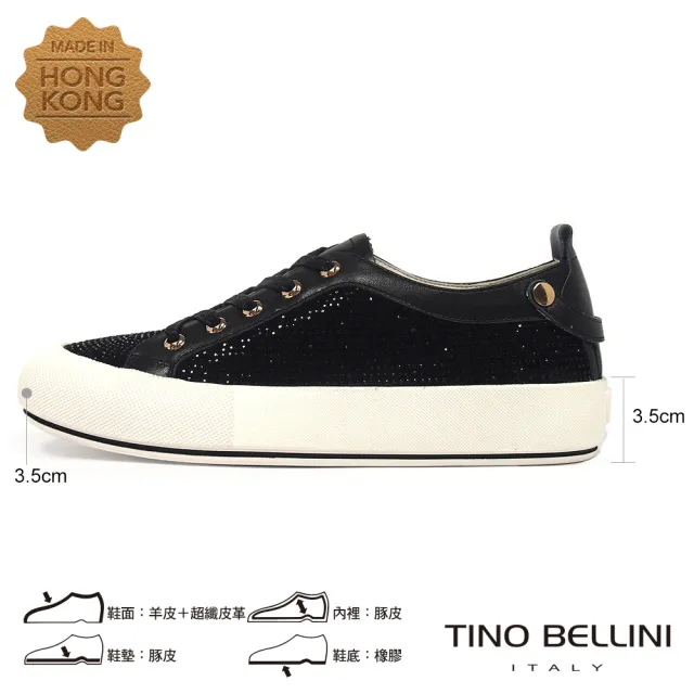 【TINO BELLINI 貝里尼】閃耀晶鑽羊皮拼接平底休閒鞋L0O0011(黑)