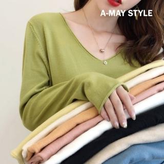 【艾美時尚】現貨女裝 上衣 心機V領好感長袖針織衫(9色)