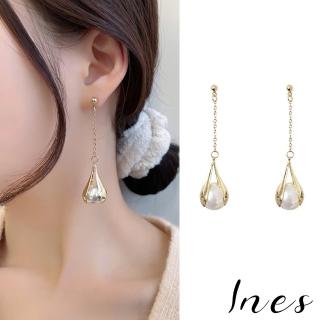 【INES】韓國設計S925銀針復古法式花苞珍珠長鍊耳環