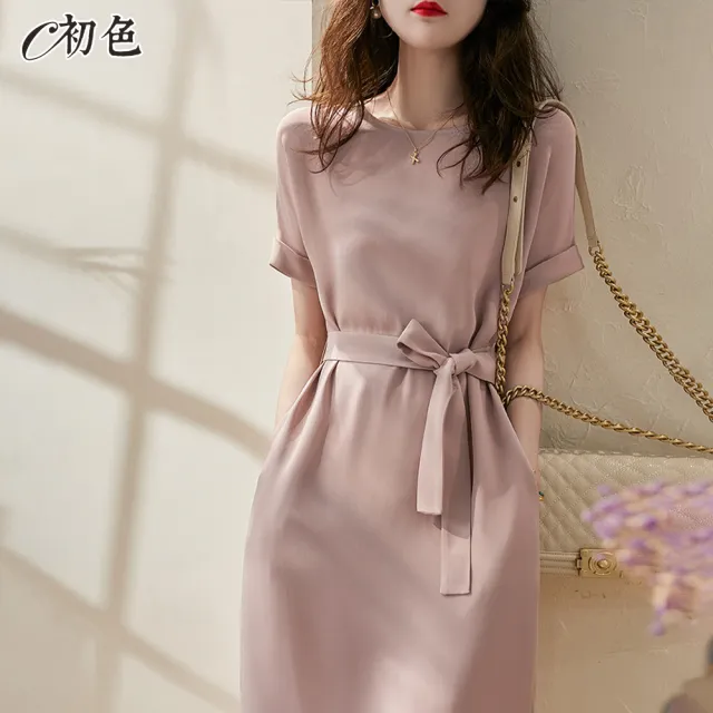 【初色】氣質收腰純色雪紡連身裙洋裝-粉紅色-98708(M-2XL可選)