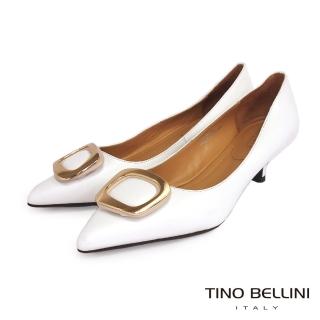 【TINO BELLINI 貝里尼】細膩全羊皮金釦舒足中低跟鞋FCV0016(白)