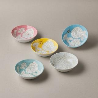 【有種創意食器】日本美濃燒 - 粉染花朵碗禮盒組(5件式 - 13.3cm)