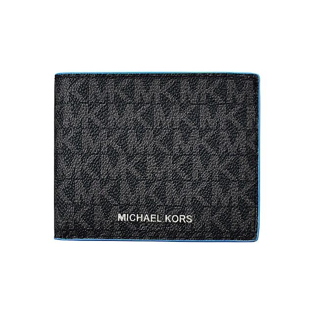 【Michael Kors】MICHAEL KORS COOPER SLIM BILLFOLD銀字LOGO印花PVC對折短夾(黑x霓虹藍)