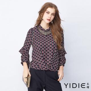 【YIDIE 衣蝶】V字拼接透膚蕾絲雪紡上衣-紅