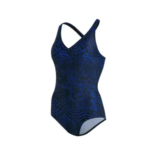 【SPEEDO】女 運動連身泳裝 Lexi Printed(黑/極光藍)